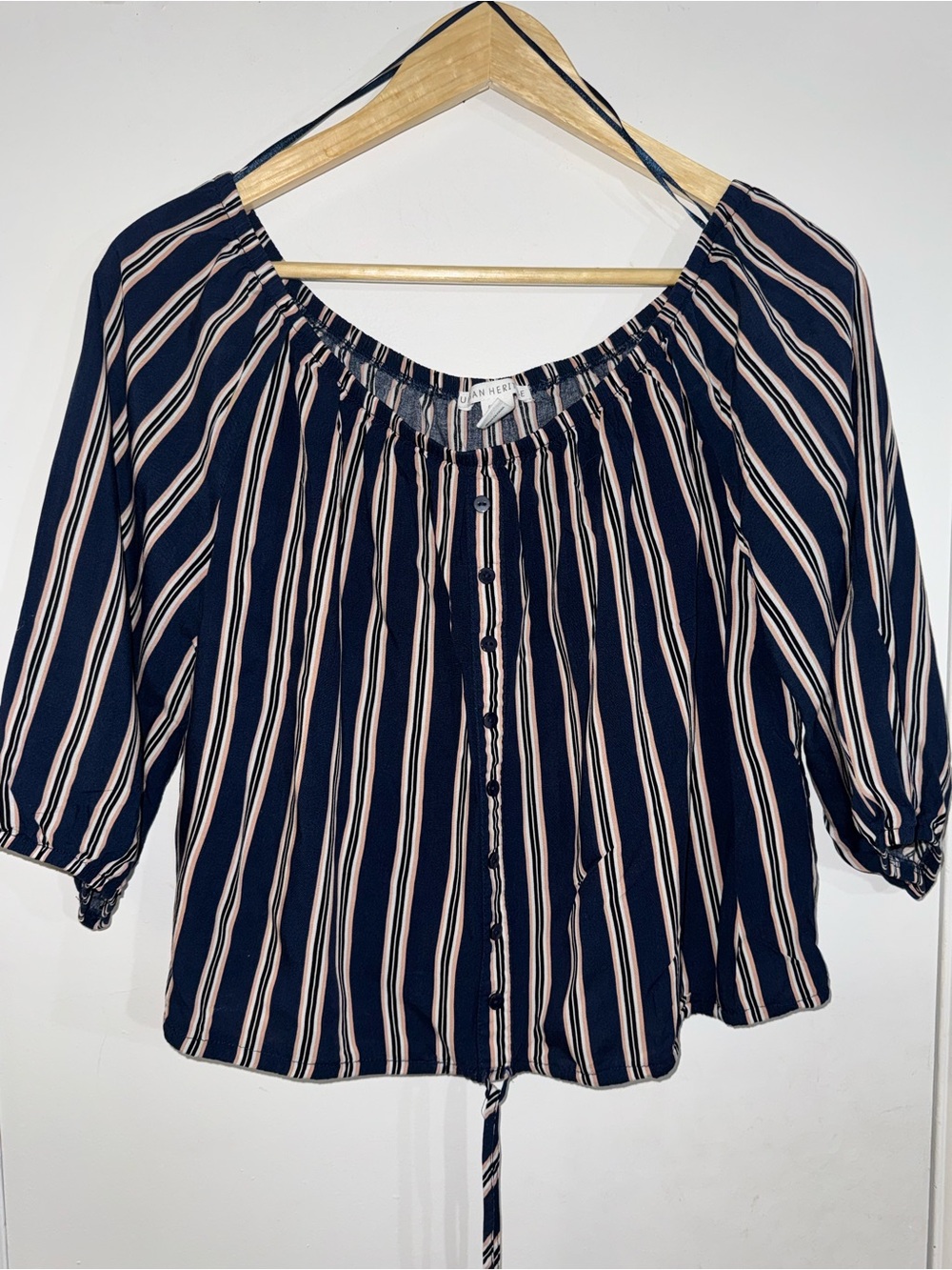 Urban Heritage Navy and Blush Striped Button-Front Peasant Blouse